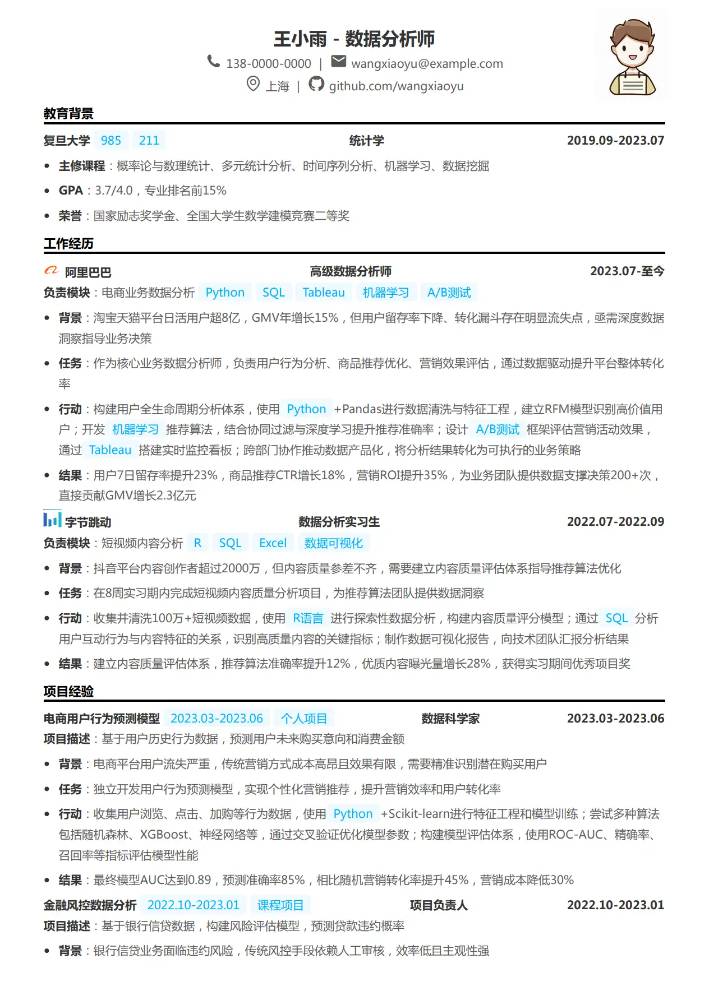 CodeCV简历在线简历制作工具 - 数据分析师简历模板
