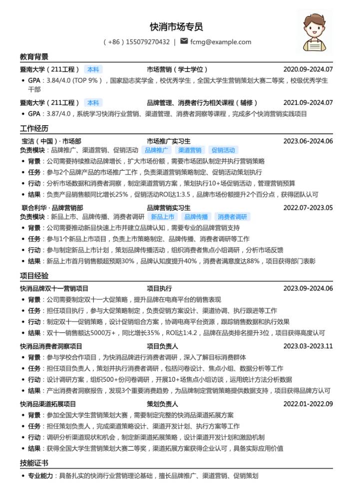 快消市场专员简历模板